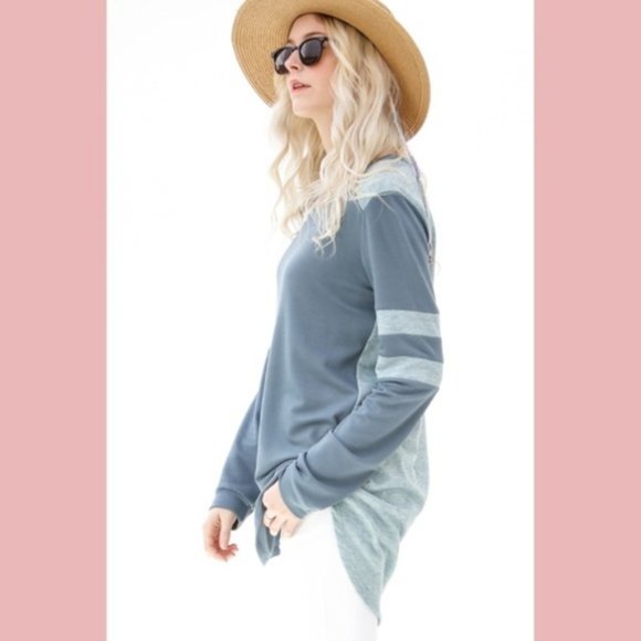 Long Stripe Sleeve Casual Top Blue/Teal High Low - Picture 7 of 9